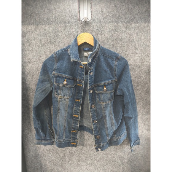 Old Navy Stretch Med Blue Denim Button Up Trucker Jeans Jacket Women's Size XS - Picture 1 of 5
